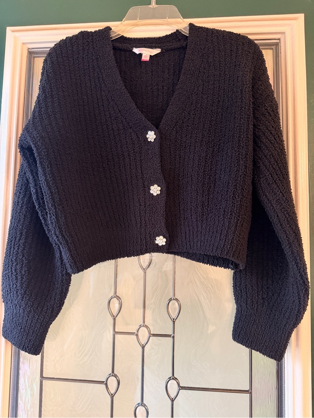 No Boundaries Black Cropped Cardigan with Floral Buttons